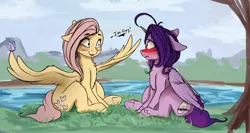 Size: 2820x1501 | Tagged: safe, artist:miokomata, derpibooru import, fluttershy, oc, oc:dazzling talents, alicorn, butterfly, pegasus, pony, alicorn oc, blushing, coming out, dialogue, duo, female, freckles, horn, i'm gay, lesbian, mare, wings