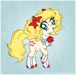 Size: 750x734 | Tagged: safe, artist:almiux19, derpibooru import, ponified, earth pony, pony, anime, boots, bow, candice white, candy candy, clothes, female, hair bow, mare, shoes, solo