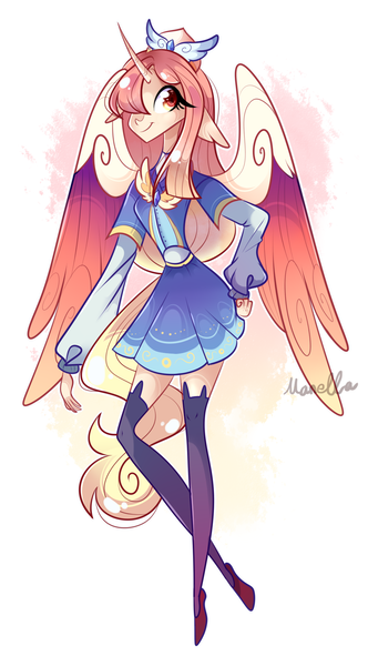 Size: 976x1763 | Tagged: alicorn, alicorn oc, anthro, artist:manella-art, colored wings, derpibooru import, female, hair over one eye, horn, multicolored wings, oc, safe, wings