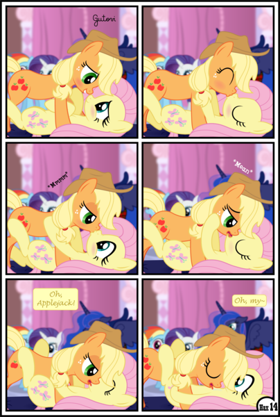 Size: 3255x4839 | Tagged: questionable, artist:gutovi, derpibooru import, applejack, fluttershy, princess luna, rainbow dash, rarity, alicorn, earth pony, pegasus, pony, unicorn, comic:why me!?, alternate ending, applejack gets all the mares, appleshy, bed, blushing, carousel boutique, comic, female, harem, imminent cunnilingus, imminent sex, kissing, lesbian, licking, polyamory, polygamy, shipping, spread wings, tongue out, wingboner, wings