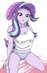 Size: 1155x1813 | Tagged: suggestive, artist:sumin6301, derpibooru import, starlight glimmer, equestria girls, mirror magic, spoiler:eqg specials, beanie, blue underwear, breasts, busty starlight glimmer, cleavage, clothes, female, hat, looking at you, panties, simple background, solo, solo female, striped underwear, tanktop, underwear, white background