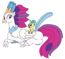 Size: 2679x2448 | Tagged: artist:supahdonarudo, classical hippogriff, cute, derpibooru import, female, filly, filly skystar, freckles, hippogriff, looking back, mother and child, mother and daughter, my little pony: the movie, on back, princess skystar, prone, queen novo, safe, simple background, skyabetes, transparent background, younger