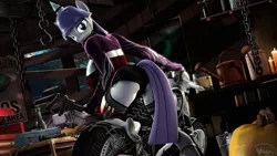 Size: 3840x2160 | Tagged: safe, artist:whiteskyline, derpibooru import, maud pie, anthro, earth pony, pony, 3d, bucket, candle, chains, duct tape, engine, helmet, looking at you, moon, motorcycle, not amused face, pumpkin, solo, source filmmaker, tape, toolbox