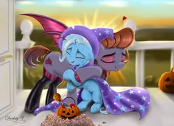 Size: 6300x4550 | Tagged: safe, artist:darksly, derpibooru import, trixie, oc, bat pony, pony, unicorn, bat pony oc, bat wings, candy, cape, clothes, crying, cute, diatrixes, digital art, female, filly, filly trixie, food, halloween, hat, holiday, hug, jack-o-lantern, pumpkin, tears of joy, trixie's cape, trixie's hat, wings, younger