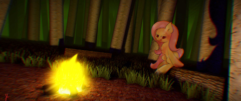Size: 3440x1440 | Tagged: semi-grimdark, artist:jerryenderby, derpibooru import, fluttershy, earth pony, pony, blood, bonfire, campfire, chest fluff, creepy, darkness, evil fluttershy, fire, fog, fog foal, forest, grass, licking, licking lips, log, looking at you, race swap, red eyes, red eyes take warning, scenery, sitting, solo, tongue out, tree