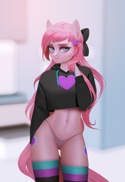 Size: 2126x3099 | Tagged: suggestive, artist:frieder1, derpibooru import, oc, oc:panda shade, unofficial characters only, anthro, earth pony, adorasexy, anthro oc, arm behind head, bedroom eyes, blue eyes, blurred background, bow, clothes, cute, floppy ears, hair bow, heart, hoodie, looking at you, panties, sexy, socks, solo, thigh highs, thong, underwear