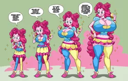 Size: 5333x3371 | Tagged: suggestive, artist:art-2u, derpibooru import, pinkie pie, equestria girls, big breasts, bimbo, bimbo pie, breast expansion, breasts, busty pinkie pie, cleavage, clothes, commission, commissioner:imperfectxiii, cupcake, curvy, dress, eating, female, food, giantess, growth, hourglass figure, huge breasts, image, implied twilight sparkle, impossibly large breasts, jpeg, macro, music festival outfit, pinkie thighs, sequence, shoes, socks, solo, solo female, speech bubble, text, thick, thigh highs, thighs, thunder thighs, wide hips, wristband