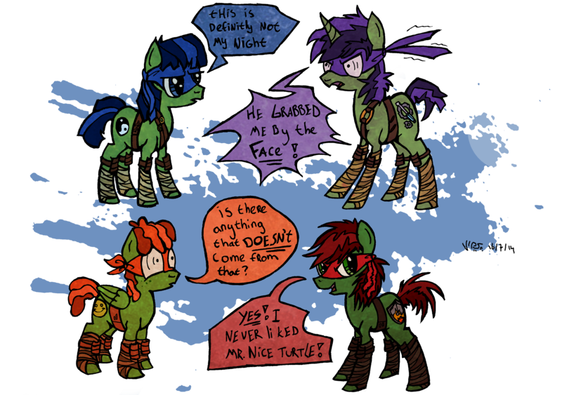 Size: 3467x2441 | Tagged: safe, artist:lupus-miles, derpibooru import, ponified, pony, dialogue, donatello, leonardo, michelangelo, raphael, teenage mutant ninja turtles