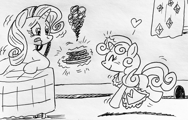 Size: 3536x2256 | Tagged: safe, artist:debmervin, derpibooru import, rarity, sweetie belle, pony, unicorn, apron, clothes, cooking, eyes closed, female, filly, food, heart, magic, mare, monochrome, mouse hole, smoke, sweetie belle can't cook, sweetie fail, this will end in tears and/or breakfast, traditional art