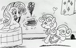 Size: 3536x2256 | Tagged: safe, artist:debmervin, derpibooru import, rarity, sweetie belle, pony, unicorn, apron, clothes, cooking, eyes closed, female, filly, food, heart, magic, mare, monochrome, mouse hole, smoke, sweetie belle can't cook, sweetie fail, this will end in tears and/or breakfast, traditional art