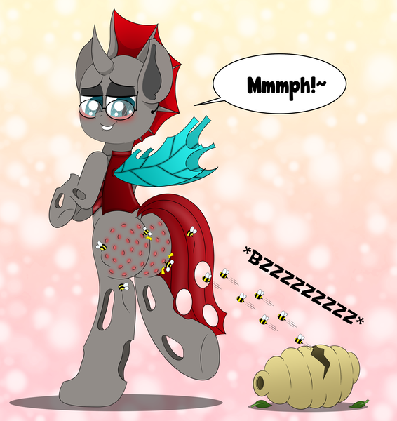 Size: 3460x3665 | Tagged: artist:aarondrawsarts, bee, bee fetish, beehive, bee sting, blushing, butt, changeling, derpibooru import, fetish, glasses, insect, literal butthurt, masochism, oc, oc:interloper, pain, plot, red changeling, suggestive, trypophobia