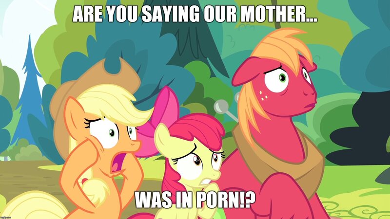Size: 1920x1080 | Tagged: suggestive, derpibooru import, edit, edited screencap, editor:icey-wicey-1517, screencap, apple bloom, applejack, big macintosh, earth pony, pony, the perfect pear, and that's how apple bloom was made, apple siblings, apple sisters, applejack's hat, blooper, brother and sister, caption, cowboy hat, female, filly, hat, image macro, implied pear butter, implied porn, male, mare, meme, my little pony after dark, open mouth, outtakes, raised hoof, shocked, siblings, sisters, stallion, text, trio
