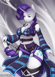 Size: 2500x3500 | Tagged: suggestive, artist:redwix, derpibooru import, rarity, anthro, pony, unicorn, absolute cleavage, breasts, busty rarity, cleavage, clothes, cutie mark, female, high res, katana, mare, solo, solo female, sword, weapon