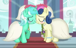 Size: 832x523 | Tagged: safe, artist:doraeartdreams-aspy, derpibooru import, bon bon, lyra heartstrings, sweetie drops, pony, the last problem, canon ship, clothes, crying, dress, female, lesbian, lyrabon, marriage, shipping, tears of joy, wedding, wedding dress