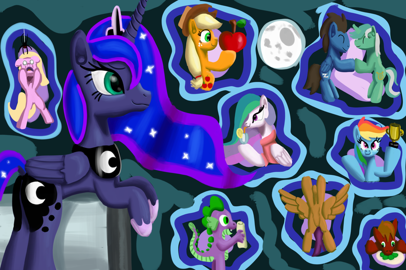 Size: 1920x1280 | Tagged: applejack, artist:platinumdrop, big macintosh, derpibooru import, dream walker luna, lyra heartstrings, moon, princess cadance, princess celestia, princess luna, rainbow dash, random pony, safe, scootaloo, spike