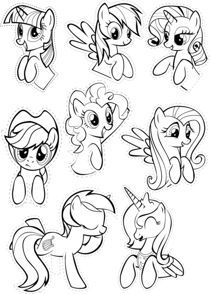 Size: 2457x3441 | Tagged: safe, artist:oceanbreezebrony, derpibooru import, applejack, fluttershy, lyra heartstrings, pinkie pie, princess luna, rainbow dash, rarity, twilight sparkle, pony, mane six, monochrome, simple background, sticker, transparent background