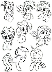 Size: 2457x3441 | Tagged: safe, artist:oceanbreezebrony, derpibooru import, applejack, fluttershy, lyra heartstrings, pinkie pie, princess luna, rainbow dash, rarity, twilight sparkle, pony, mane six, monochrome, simple background, sticker, transparent background