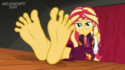 Size: 8000x4500 | Tagged: suggestive, artist:metalhead97, derpibooru import, sunset shimmer, equestria girls, equestria girls series, how to backstage, sunset's backstage pass!, spoiler:eqg series (season 2), barefoot, bedroom eyes, clothes, commission, feet, fetish, foot fetish, foot focus, looking at you, show accurate, sitting on floor, socks, soles, spread toes, toes