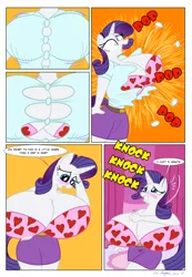 Size: 1890x2730 | Tagged: suggestive, artist:necrofeline, derpibooru import, rarity, anthro, unicorn, comic:the booty trap 3, series:the booty trap, big breasts, blushing, bra, breast expansion, breasts, busty rarity, button popping, cleavage, clothes, comic, female, growth, heart, heart print underwear, huge breasts, impossibly large breasts, ripping clothes, solo, solo female, underwear, wardrobe malfunction