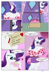 Size: 1890x2730 | Tagged: suggestive, artist:necrofeline, derpibooru import, rarity, anthro, unguligrade anthro, unicorn, comic:the booty trap 3, series:the booty trap, big breasts, bra, breasts, busty rarity, cleavage, clothes, comic, cupcake, female, food, heart, heart print underwear, huge breasts, impossibly large breasts, solo, solo female, underwear