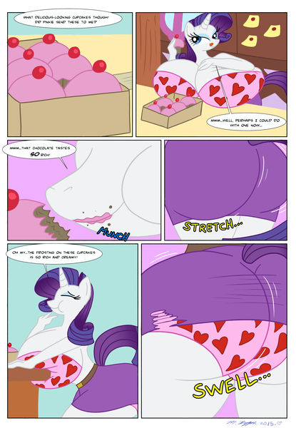 Size: 1890x2730 | Tagged: suggestive, artist:necrofeline, derpibooru import, rarity, anthro, unicorn, comic:the booty trap 3, series:the booty trap, ass, big breasts, bra, breasts, busty rarity, butt, butt expansion, clothes, comic, cupcake, eating, female, food, growth, heart, heart print underwear, huge breasts, huge butt, impossibly large breasts, large butt, panties, rearity, ripping clothes, solo, solo female, underwear, wardrobe malfunction