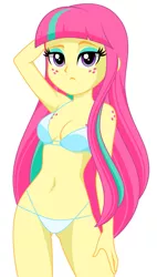 Size: 849x1490 | Tagged: suggestive, alternate version, artist:rosemile mulberry, derpibooru import, sour sweet, equestria girls, alternate hairstyle, armpits, bedroom eyes, belly button, bikini, boob freckles, breasts, chest freckles, clothes, female, freckles, lidded eyes, looking at you, shoulder freckles, simple background, solo, swimsuit, white background