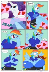 Size: 1890x2730 | Tagged: suggestive, artist:necrofeline, derpibooru import, rainbow dash, rarity, anthro, pegasus, unguligrade anthro, unicorn, comic:the booty trap 3, series:the booty trap, ass, big breasts, bra, breast expansion, breasts, busty rainbow dash, butt, cleavage, clothes, comic, duo, duo female, female, growth, heart, heart print underwear, huge breasts, huge butt, hyper, hyper butt, impossibly large breasts, impossibly large butt, large butt, panties, partial nudity, rearity, ripping clothes, spell, topless, underwear, wardrobe malfunction