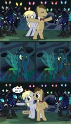 Size: 1418x2451 | Tagged: safe, artist:wheatley r.h., derpibooru import, derpy hooves, doctor whooves, queen chrysalis, time turner, changeling, earth pony, pegasus, pony, asylum of the daleks, bowtie, changeling armor, changeling guard, changeling hive, eyes in the dark, female, male, mane, mare, stallion, vector, watermark