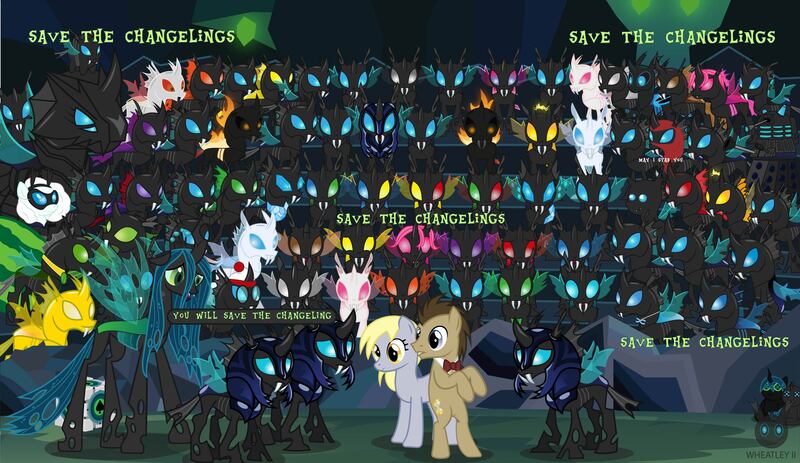 Size: 2452x1418 | Tagged: safe, artist:wheatley r.h., derpibooru import, derpy hooves, doctor whooves, doomie, kevin (changeling), pharynx, queen chrysalis, thorax, time turner, oc, oc:phylaxis, oc:random image, oc:w. rhinestone eyes, oc:winter witness, oc:éling chang, ponified, changeling, changeling behemoth, earth pony, pegasus, pony, derpibooru, albino changeling, anti-companion cube, asylum of the daleks, bat wings, blue changeling, bowtie, brown changeling, changeling armor, changeling costume, changeling guard, changeling hive, changeling loves watermelon, changeling oc, crystal changeling, dalek, derpibooru ponified, doctor who, double colored changeling, electric changeling, female, fire, food, goldling, green changeling, ice changeling, image, inverted colors, jpeg, looking at you, male, mare, meta, one of these things is not like the others, orange changeling, pink changeling, plushie, pointy ponies, purple changeling, red changeling, spy, stallion, vector, waldo, watermark, watermelon, white changeling, wings, yellow changeling