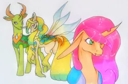 Size: 1024x679 | Tagged: ambryn, artist:oneiria-fylakas, changedling, changeling, derpibooru import, female, king thorax, oc, oc:tina, oc:yma, safe, thorax, traditional art