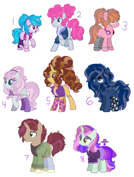 Size: 779x1025 | Tagged: safe, artist:midnightamber, derpibooru import, alicorn, bat pony, bat pony alicorn, earth pony, pegasus, pony, unicorn, adoptable, bat wings, bowtie, bracelet, choker, clothes, ear piercing, earring, eyeshadow, female, headphones, horn, jacket, jewelry, leather jacket, lip piercing, makeup, male, mare, multicolored hair, parent:adagio dazzle, parent:azure velour, parent:flashdancer, parent:fluttershy, parent:hoo'far, parent:lemon zest, parent:oc:elizabat stormfeather, parent:oc:midnight, parent:pacific glow, parent:pinkie pie, parent:saffron masala, parent:sapphire shores, parent:sassy saddles, parent:sugarcoat, parent:sunburst, parent:vinyl scratch, parents:oc x oc, piercing, ponytails, raised hoof, raised leg, shipping adopts, shirt, simple background, socks, spiked choker, stallion, stockings, sweater, thigh highs, transparent background, transparent skirt, vest, wings, wristband