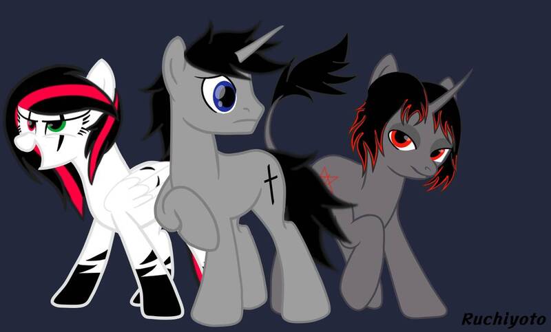 Size: 1150x695 | Tagged: semi-grimdark, artist:ruchiyoto, derpibooru import, oc, oc:ada, oc:black cross, oc:emala jiss, pegasus, pony, unicorn, zebra, base used, d'lirium, digital art, edgy, fanfic art