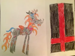 Size: 2592x1936 | Tagged: safe, artist:makarosc, derpibooru import, oc, oc:dark ember, unofficial characters only, alicorn, fire pony, pony, cigar, elder scrolls, flag, horns, scar, scarab, solo, traditional art