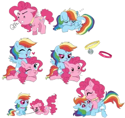 Size: 1900x1800 | Tagged: safe, artist:unoriginai, derpibooru import, pinkie pie, rainbow dash, pony, behaving like a cat, behaving like a dog, biting, collar, cute, dashabetes, diapinkes, ear bite, female, heart eyes, kitten, lesbian, licking, pinkiedash, pony pet, puppy, puppy pie, red sclera, shipping, tongue out, wingding eyes