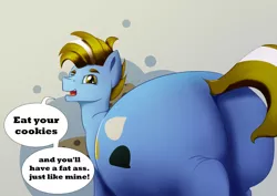 Size: 1052x744 | Tagged: artist:undermrph, butt, cookie, derpibooru import, dialogue, dock, food, looking at you, male, oc, oc:fudge cookie, open mouth, plot, solo, solo male, speech bubble, suggestive, the ass was fat, unofficial characters only