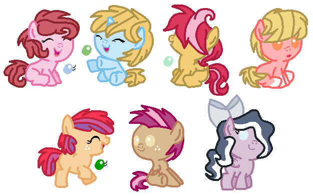 Size: 625x391 | Tagged: safe, artist:selenaede, artist:xxmidnightmuffinxx, derpibooru import, oc, oc:bubble blast, oc:charity cupcake, oc:frostbite, oc:fruit fly, oc:jazz apple, oc:lightning shimmer, oc:nugget, pony, babies, base used, big bow, bow, eyes closed, hair bow, hair covering face, happy, hooves out, next generation, offspring, open mouth, parent:apple bloom, parent:applejack, parent:big macintosh, parent:donut joe, parent:featherweight, parent:fluttershy, parent:pinkie pie, parent:scootaloo, parent:tender taps, parent:troubleshoes clyde, parents:fluttermac, parents:pinkiejoe, parents:rumbletiara, parents:scootaweight, parents:tenderbloom, parents:troublejack, sitting, smiling, standing