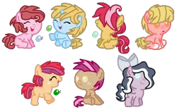 Size: 625x391 | Tagged: safe, artist:selenaede, artist:xxmidnightmuffinxx, derpibooru import, oc, oc:bubble blast, oc:charity cupcake, oc:frostbite, oc:fruit fly, oc:jazz apple, oc:lightning shimmer, oc:nugget, pony, babies, base used, big bow, bow, eyes closed, hair bow, hair covering face, happy, hooves out, next generation, offspring, open mouth, parent:apple bloom, parent:applejack, parent:big macintosh, parent:donut joe, parent:featherweight, parent:fluttershy, parent:pinkie pie, parent:scootaloo, parent:tender taps, parent:troubleshoes clyde, parents:fluttermac, parents:pinkiejoe, parents:rumbletiara, parents:scootaweight, parents:tenderbloom, parents:troublejack, sitting, smiling, standing