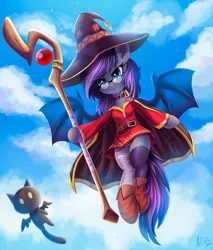 Size: 2552x3000 | Tagged: safe, artist:atlas-66, derpibooru import, oc, oc:andromeda galaktika, unofficial characters only, bat pony, pony, anime, bat pony oc, bat wings, clothes, crossover, dress, female, flying, frilly underwear, glasses, high res, konosuba, mare, megumin, panties, purple underwear, scepter, skirt, solo, staff, underwear, wings