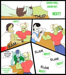 Size: 3160x3560 | Tagged: safe, artist:matchstickman, derpibooru import, granny smith, oc, unnamed oc, anthro, earth pony, pegasus, comic:free cider, anthro oc, arm wrestling, back muscles, biceps, breasts, busty granny smith, cider, clothes, deltoids, dialogue, drinking, female, flashback, gloves, granny smash, male, mare, muscles, onomatopoeia, shirt, simple background, speech bubble, stallion, sweat, white background, younger, young granny smith