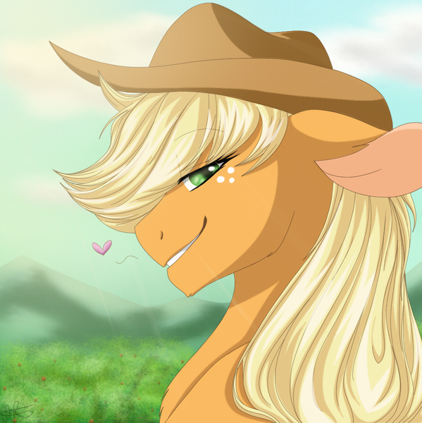 Size: 978x980 | Tagged: safe, artist:scarletsfeed, derpibooru import, applejack, earth pony, pony, bedroom eyes, bust, cute, digital art, female, floating heart, grin, heart, jackabetes, mare, portrait, profile, smiling, solo