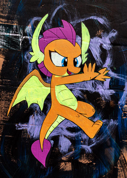 Size: 1024x1434 | Tagged: artist:aquilateagle, cardboard, cute, derpibooru import, dragon, dragoness, female, painting, safe, scene interpretation, school daze, school of friendship, smolder, smolderbetes, solo, teenaged dragon, teenager, traditional art