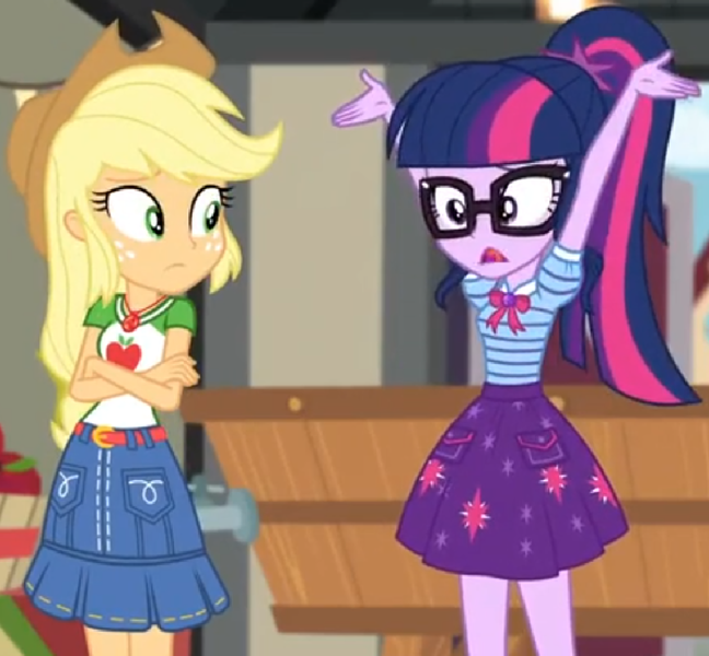 Size: 972x900 | Tagged: safe, derpibooru import, edit, edited screencap, screencap, applejack, sci-twi, twilight sparkle, equestria girls, equestria girls series, holidays unwrapped, spoiler:eqg series (season 2), belt, bowtie, clothes, cowboy hat, cropped, denim skirt, freckles, glasses, hat, miniskirt, ponytail, skirt, stetson, tub