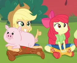 Size: 1218x1002 | Tagged: safe, derpibooru import, screencap, apple bloom, applejack, granny smith, pig, equestria girls, equestria girls series, holidays unwrapped, spoiler:eqg series (season 2), adorabloom, apple bloom's bow, apple sisters, applejack's hat, boots, bow, clothes, cowboy boots, cowboy hat, cropped, crossed legs, cute, duo focus, female, grin, hair bow, hat, jackabetes, offscreen character, shoes, siblings, sisters, sitting, smiling, the cider louse fools, thumbs up