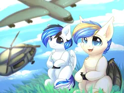 Size: 1053x789 | Tagged: safe, artist:alphadesu, derpibooru import, oc, oc:waver, bat pony, pegasus, pony, b-52, bat pony oc, bat wings, cute, female, filly, male, ocbetes, rc helicopter, rc plane, uh-60, wings