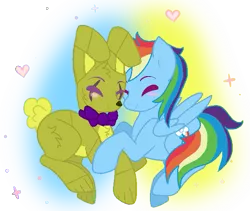 Size: 611x516 | Tagged: safe, artist:aishyu, derpibooru import, rainbow dash, pegasus, pony, rabbit, animal, animatronic, base used, blushing, bowtie, chest fluff, crossover, crossover shipping, eyes closed, female, five nights at freddy's, heart, male, mare, rainbowtrap, scar, shipping, springtrap, straight
