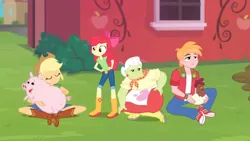 Size: 1600x900 | Tagged: safe, derpibooru import, screencap, apple bloom, applejack, big macintosh, granny smith, bird, chicken, pig, equestria girls, equestria girls series, holidays unwrapped, spoiler:eqg series (season 2), apple family, barn, belt, boots, bow, bush, clothes, converse, cowboy hat, denim skirt, freckles, hands on hip, hat, jeans, miniskirt, pants, rooster, shoes, sitting, skirt, standing, stetson, window