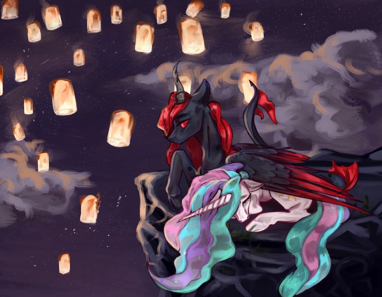 Size: 4500x3500 | Tagged: safe, artist:tired_dog, derpibooru import, princess celestia, oc, oc:king phoenix embers, dracony, dragon, hybrid, pony, canon x oc, cliff, cliffside, commission, cuddling, cute, date, night, phoenestia, sleepy, wing blanket, ych result