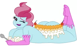Size: 1000x600 | Tagged: suggestive, artist:mashoart, derpibooru import, cup cake, equestria girls, ass, big breasts, breasts, busty cup cake, butt, cake, curvy, female, food, foodplay, frosting, huge breasts, large butt, looking at you, milf, nyotaimori, one eye closed, open mouth, partial nudity, simple background, solo, solo female, spoon, the ass was fat, thick cup cake, white background, wink