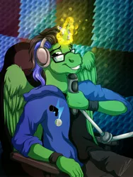 Size: 3000x4000 | Tagged: alicorn, alicorn oc, anthro, artist:lupiarts, clothes, commission, derpibooru import, glasses, hoodie, horn, magic, male, microphone, oc, oc:thunder speak, pants, recording booth, safe, smiling, solo, wings, wristband