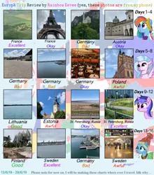 Size: 3500x3980 | Tagged: safe, artist:rainbow eevee, derpibooru import, meadowbrook, rainbow dash, sea swirl, seafoam, silverstream, oc, oc:rainbow eevee, classical hippogriff, hippogriff, pony, unicorn, airport, austria, boat, castle, clothes, cute, dress, eiffel tower, estonia, ethereal mane, europe, female, finland, france, gala dress, galaxy mane, gdansk, germany, grass, grass field, irl, kiel, klaipeda, lithuania, map, neuschwanstein, ocean, paris, pencil, photo, poland, restaurant, review, rock, russia, saint petersburg, salzburg, stockholm, sweden, table, tallinn, text, travel, wat, wtf